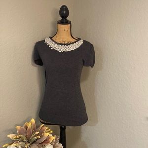 INC medium work blouse. Dark gray with pearl appliqué around neck